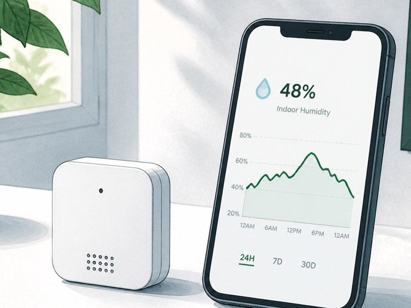 Editorial illustration of a generic humidity sensor beside a phone showing readings over time