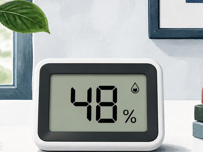 Editorial illustration of a generic indoor humidity display used for a quick room check